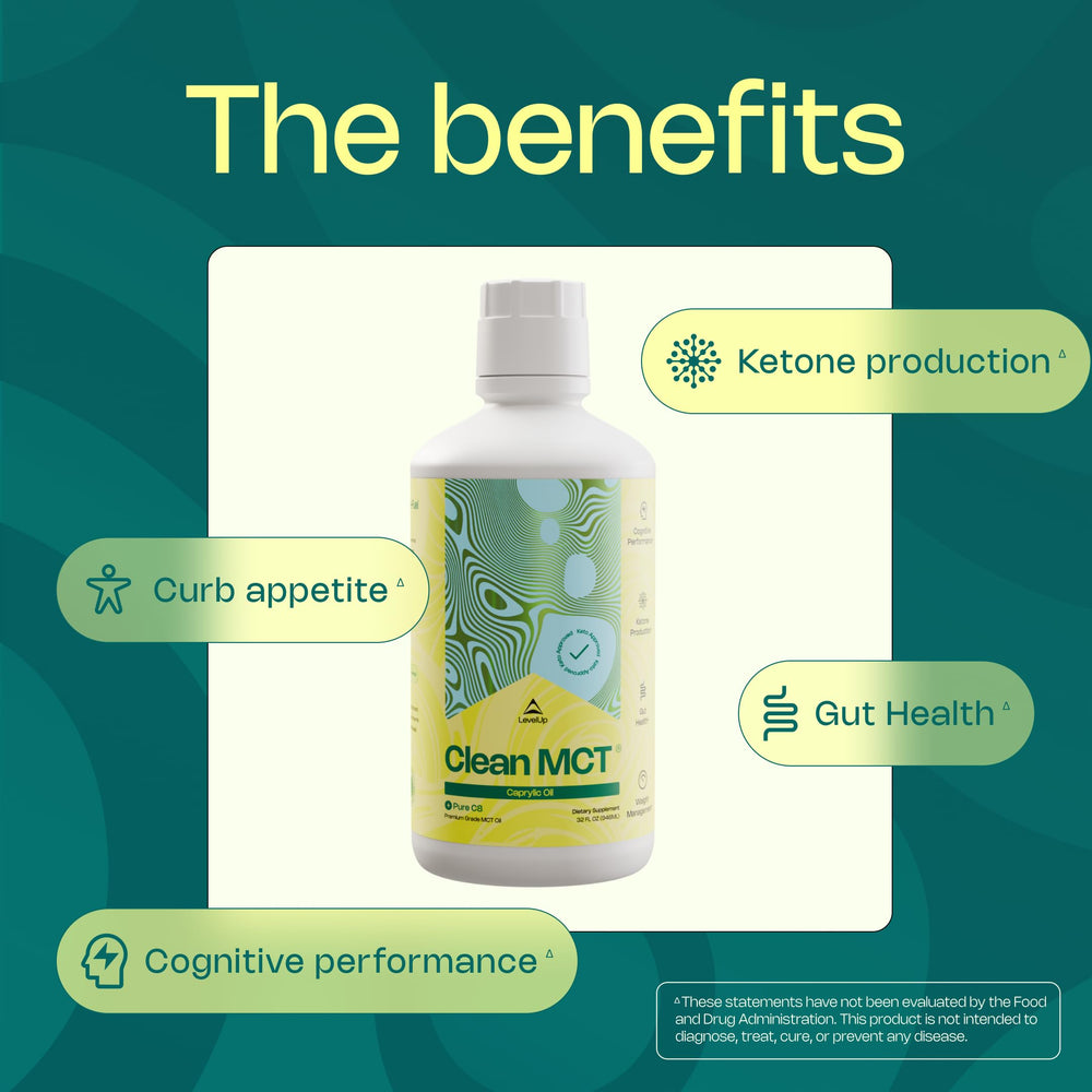 LevelUp C8 MCT oil label shows non-GMO and gluten-free qualities.