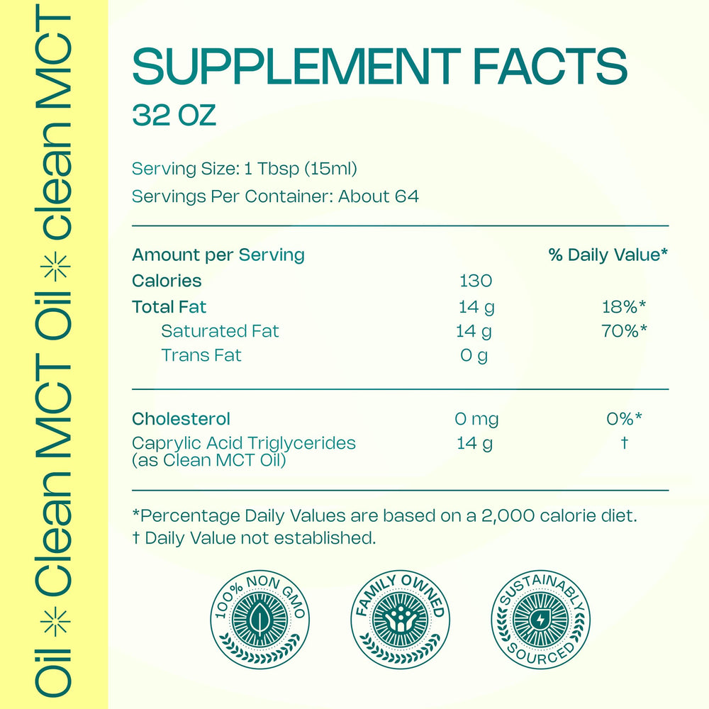 Label showing 100% C8 Caprylic MCT Oil