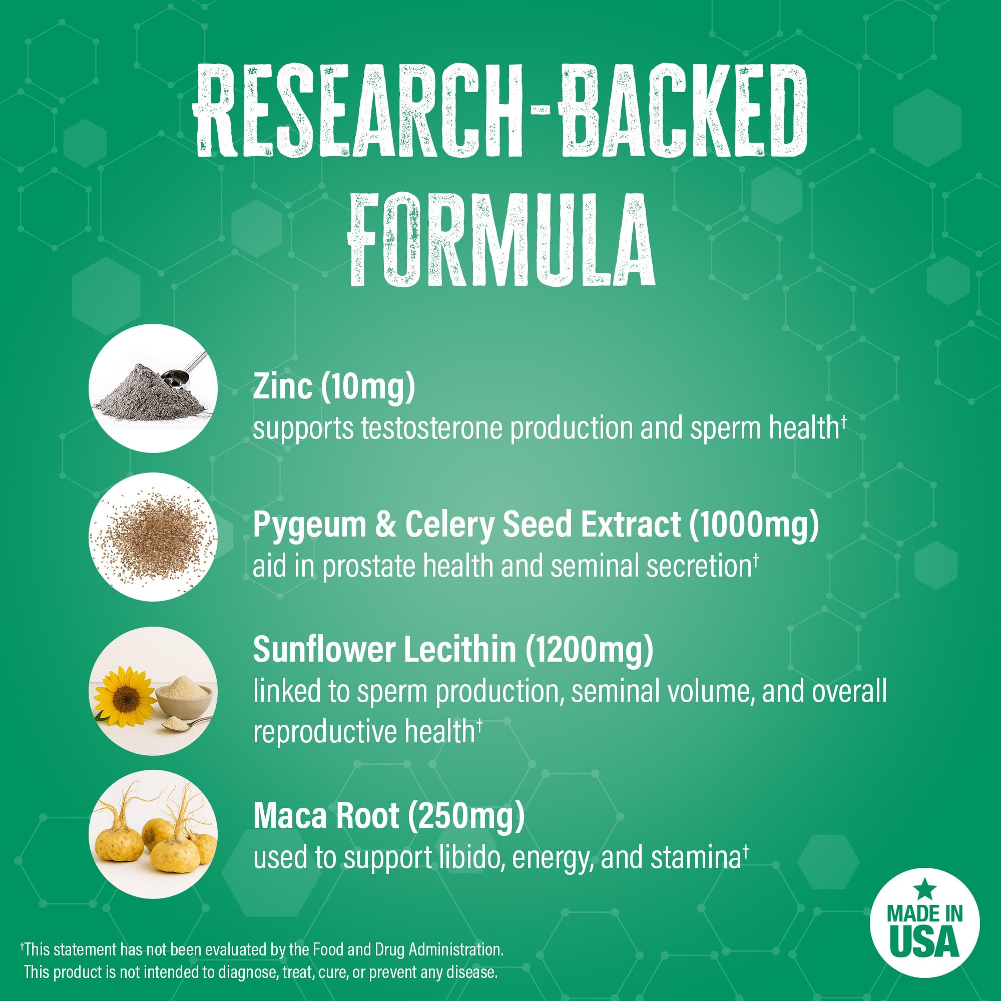 Graphic showing Zinc, Maca, Celery Seed, and Sunflower Lecithin ingredients