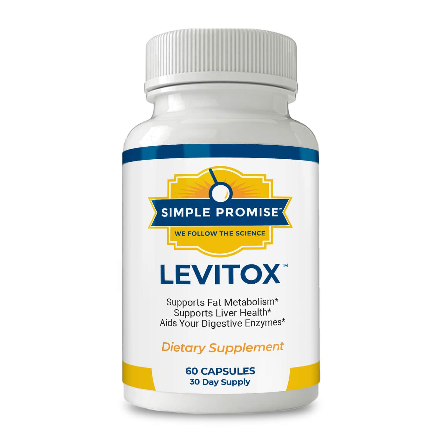 Front view of Simple Promise Levitox bottle with herbal illustration