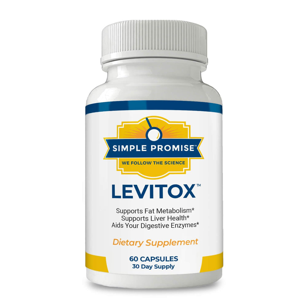 Front view of Simple Promise Levitox bottle with herbal illustration