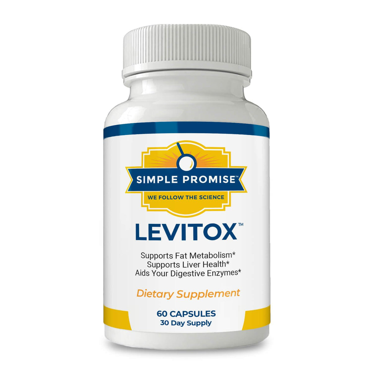 Front view of Simple Promise Levitox bottle with herbal illustration