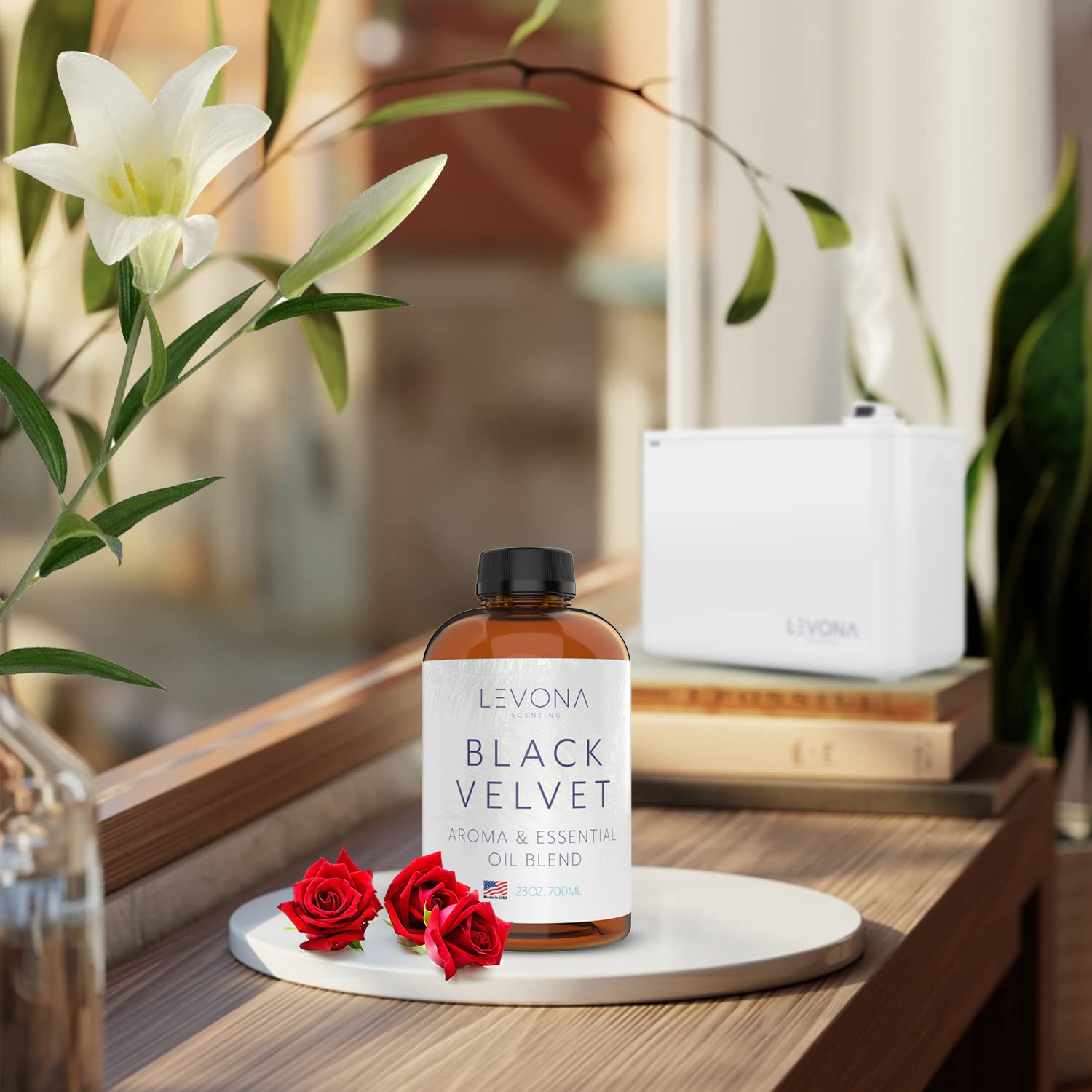 Close-up of Black Velvette essential oil bottle label