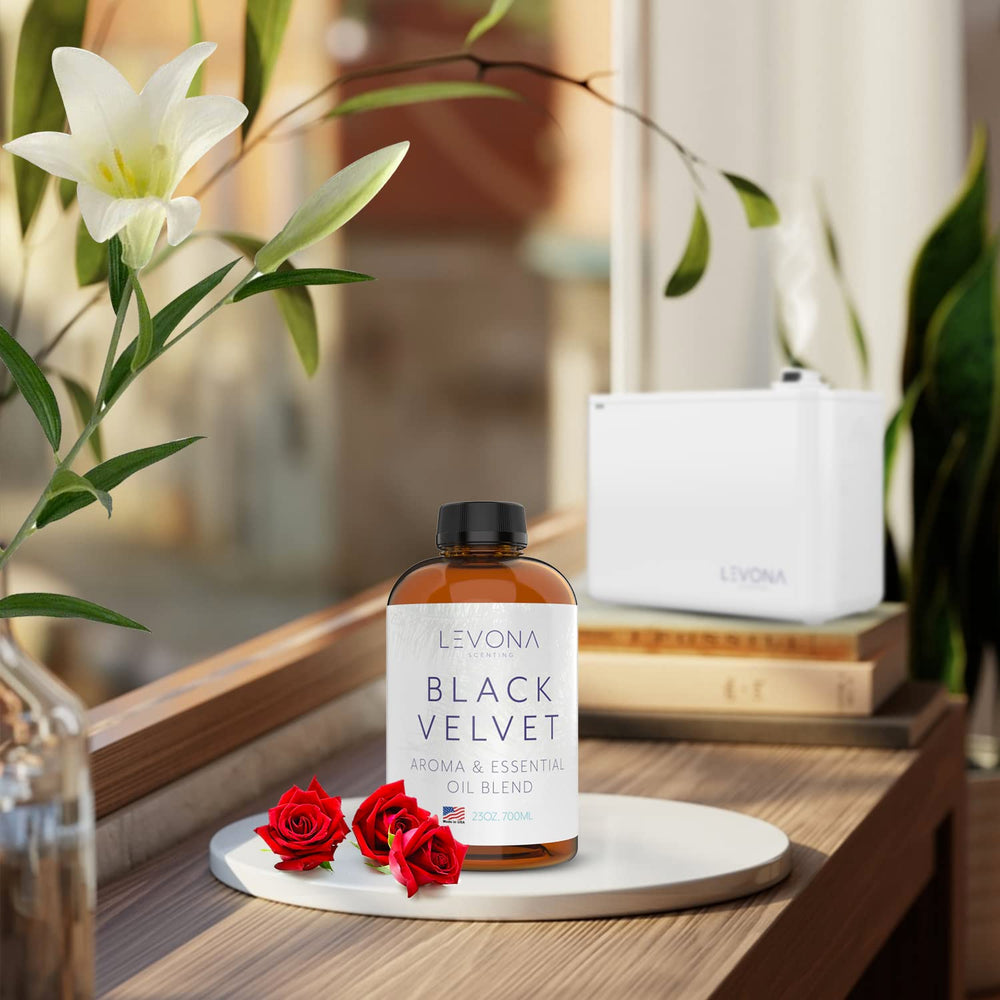 Close-up of Black Velvette essential oil bottle label