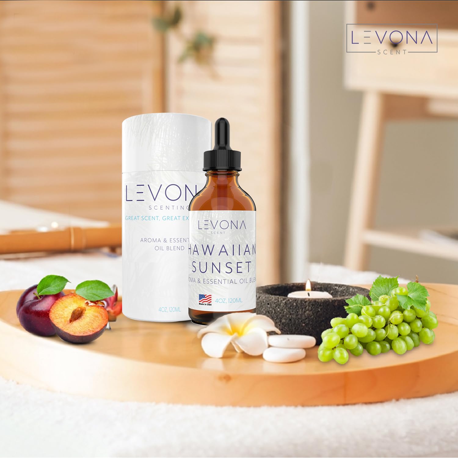 Spa setting with Levona Scent oils for relaxation and massage