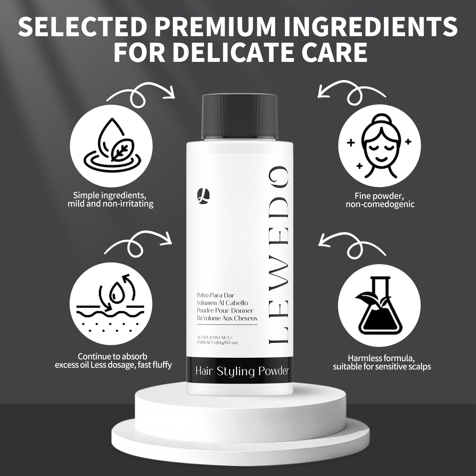 lew edo volumizing powder packaging and tube ideal for travel.