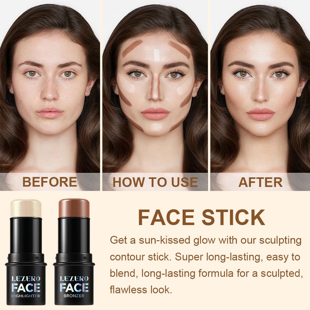 Lezero contour stick bronzer applied along hairline and jawline for sculpted edges