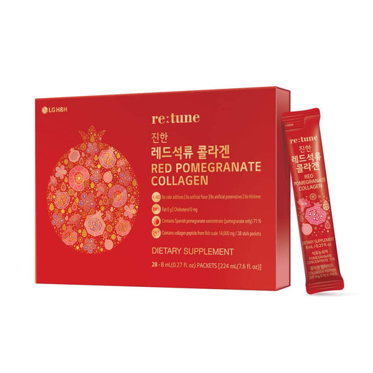 Front view of LG H&H Re:tune Red Pomegranate Collagen packets