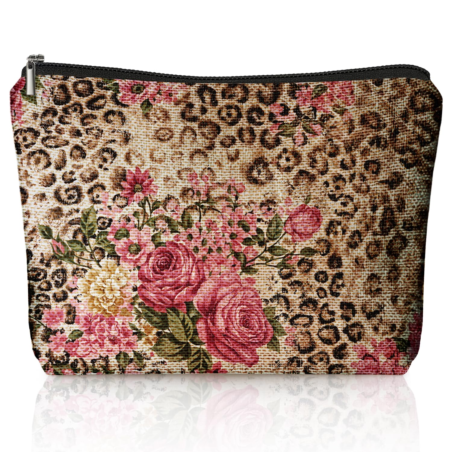 LIANGW vintage floral leopard makeup bag with cheetah print for travel and daily cosmetics.