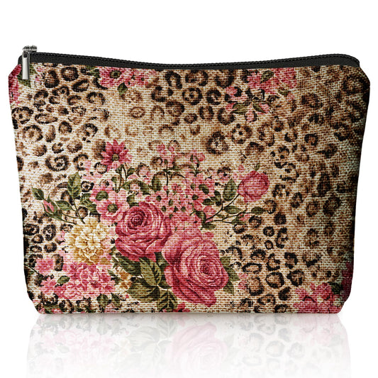 LIANGW vintage floral leopard makeup bag with cheetah print for travel and daily cosmetics.