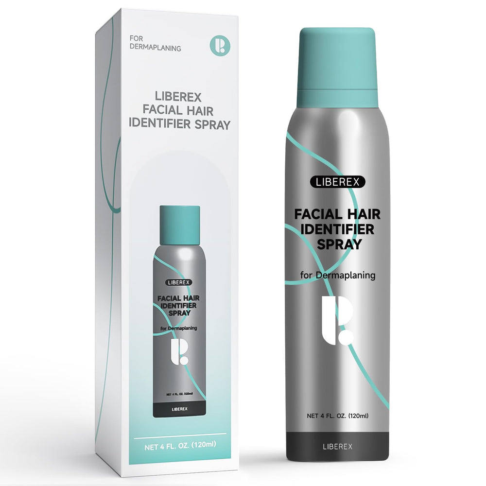 Liberex Hair Identifier Spray for Face Shaving reveals hidden hairs for precise dermaplaning.