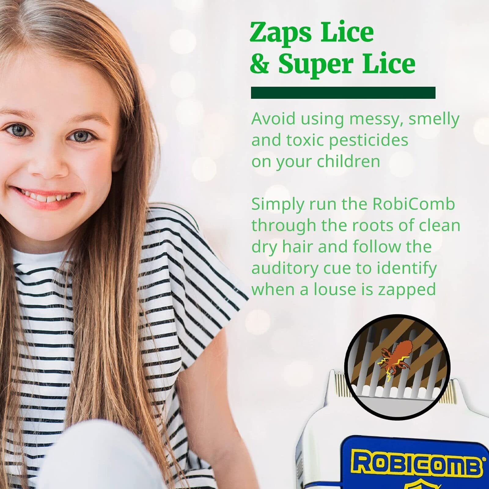 LiceGuard RobiComb audible cue indicates a louse zap during treatment.
