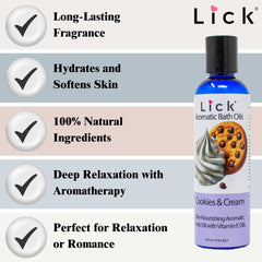 LICK Aromatic Bath Oil in softly lit bathroom creating spa ambiance.