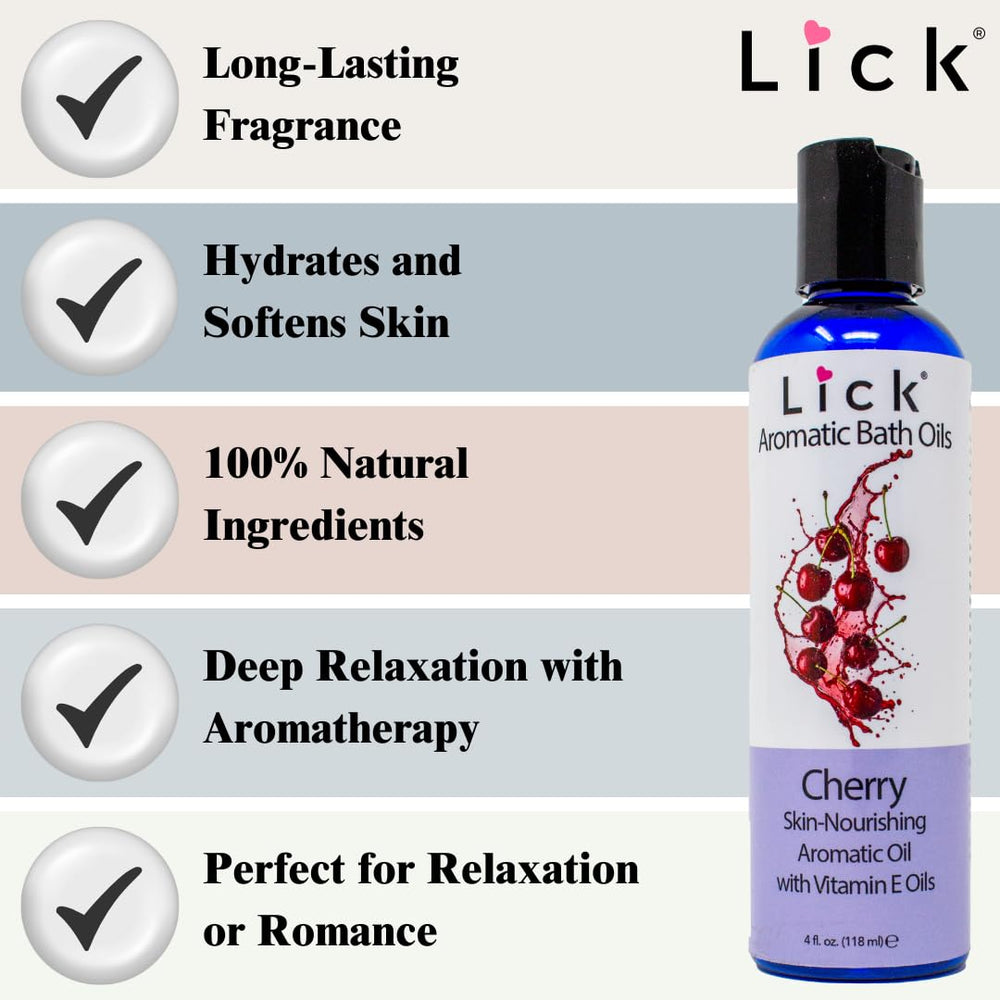 LICK Cherry Bath Oil in a bath scene evokes spa-like relaxation and daily hydration.
