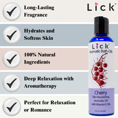 LICK Cherry Bath Oil in a bath scene evokes spa-like relaxation and daily hydration.