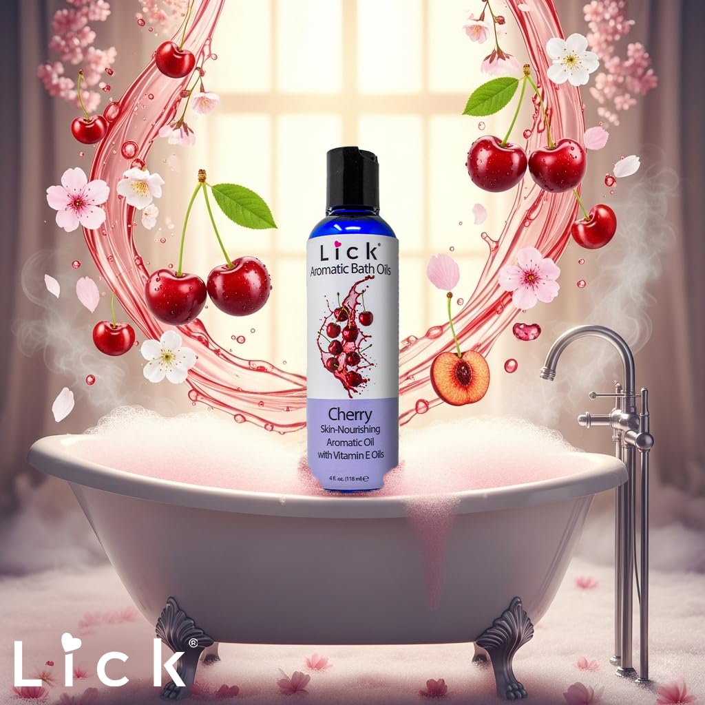 LICK Aromatic Bath Oil cherry pour demonstrates quick absorption for a pampering soak.