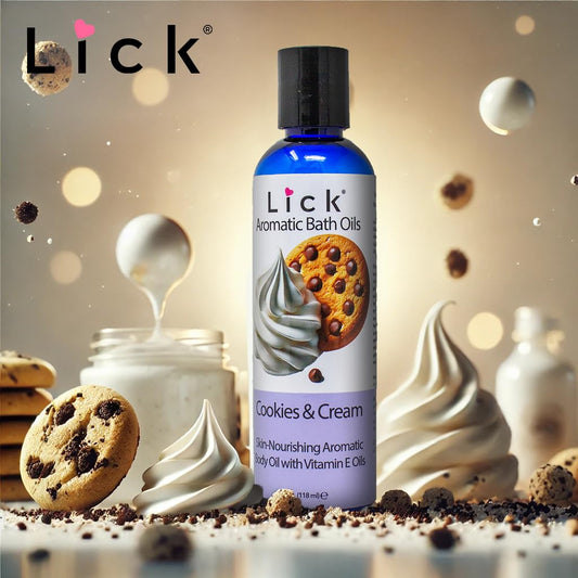 LICK Aromatic Bath Oil Cookies and Cream being added to warm water for a soothing bath.