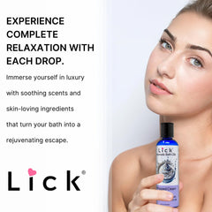 LICK Aromatic Bath Oil ingredients chart shows almond oil and jojoba for nourishment.