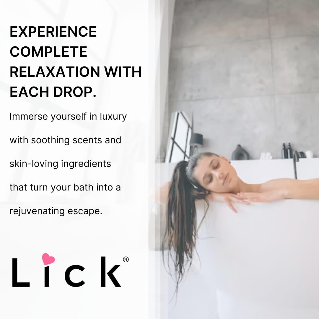 LICK Aromatic Bath Oil close-up highlighting almond and vitamin E ingredients