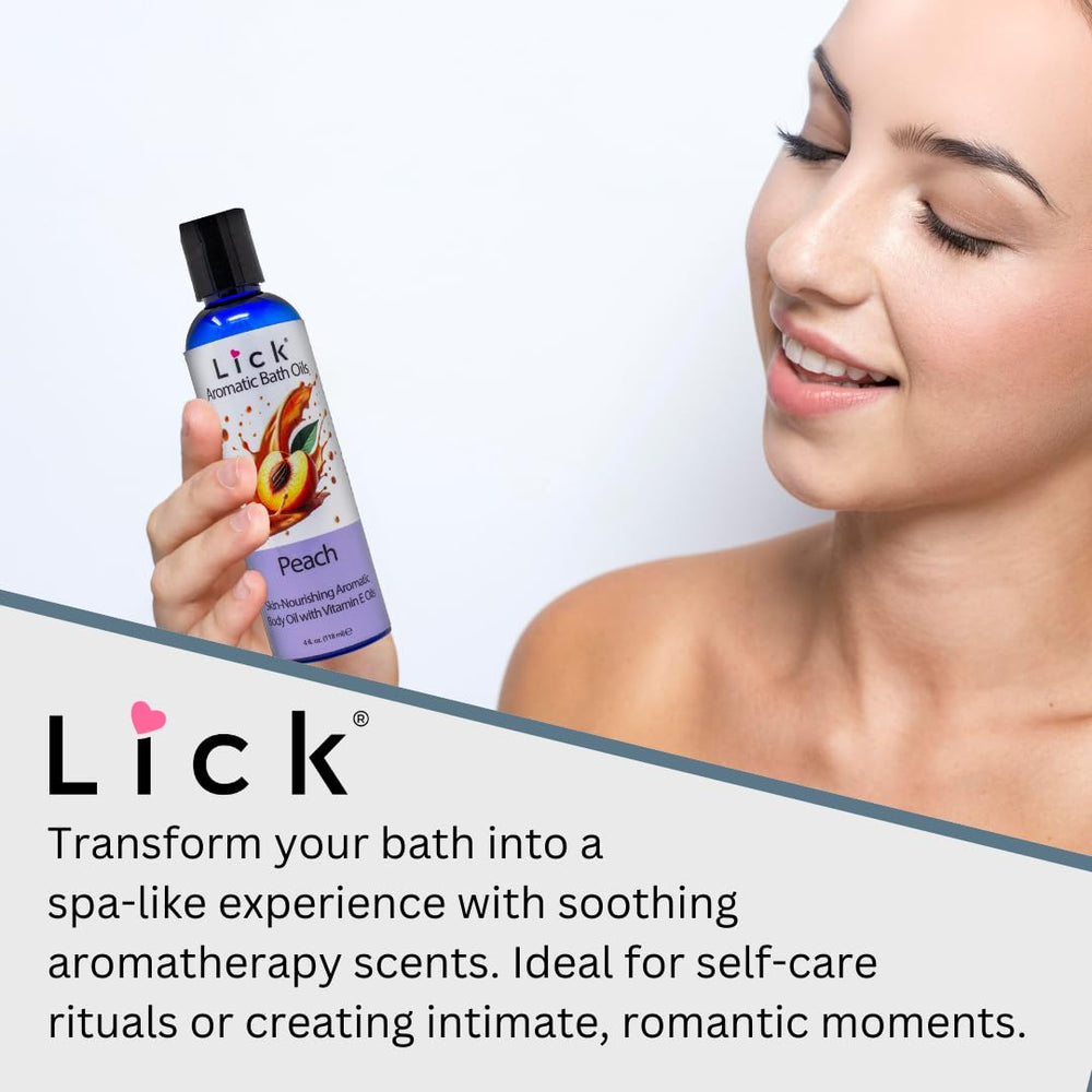 LICK Aromatic Bath Oil Peach pictured in an elegant USA-made bottle on a bathroom shelf.