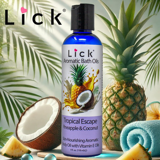 LICK Aromatic Bath Oil drops releasing pineapple and coconut aroma for relaxation