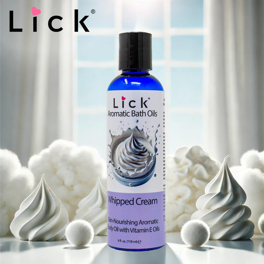 LICK Aromatic Bath Oil pour closeup highlights creamy dessert notes for a spa-like experience.