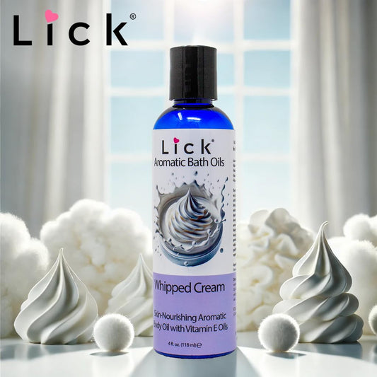 LICK Aromatic Bath Oil pour closeup highlights creamy dessert notes for a spa-like experience.