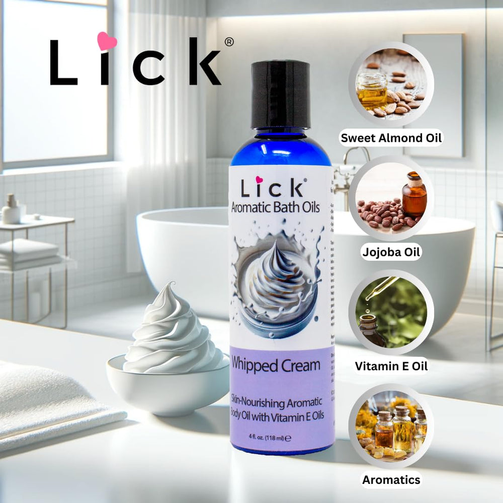 LICK Aromatic Bath Oil spa-like bath scene with cozy ambiance.