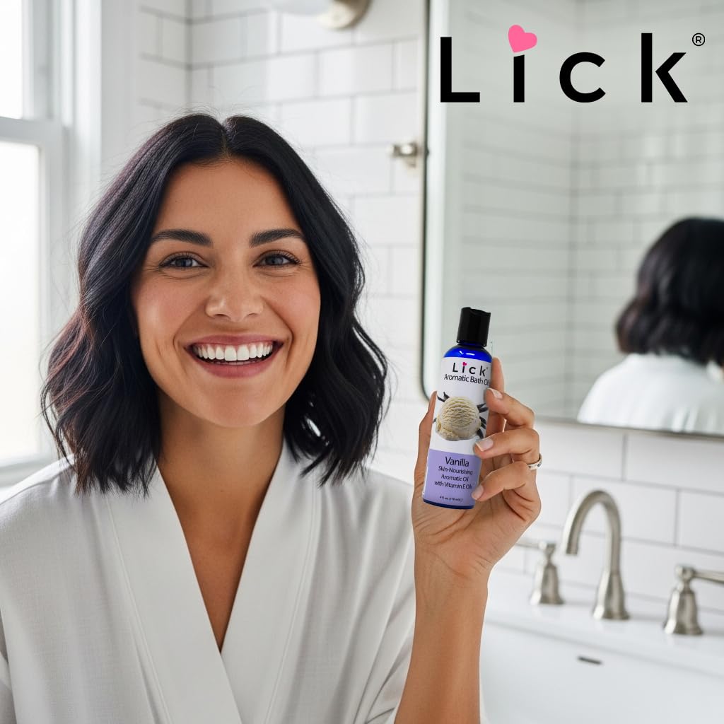 Dispensing closeup of Lick Aromatic Bath Oil Vanilla highlights lightweight formula for soft skin