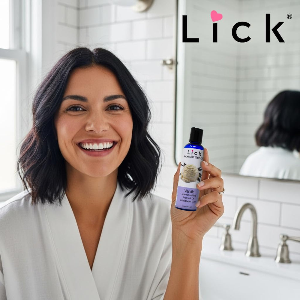 Dispensing closeup of Lick Aromatic Bath Oil Vanilla highlights lightweight formula for soft skin