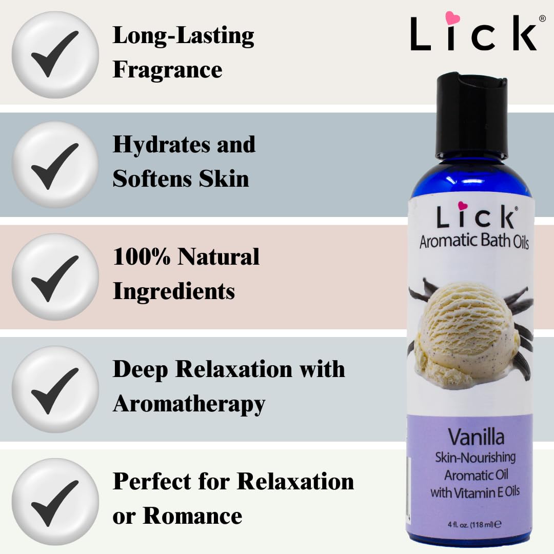 Almond oil in Lick Aromatic Bath Oil Vanilla nourishes skin during a luxurious bath