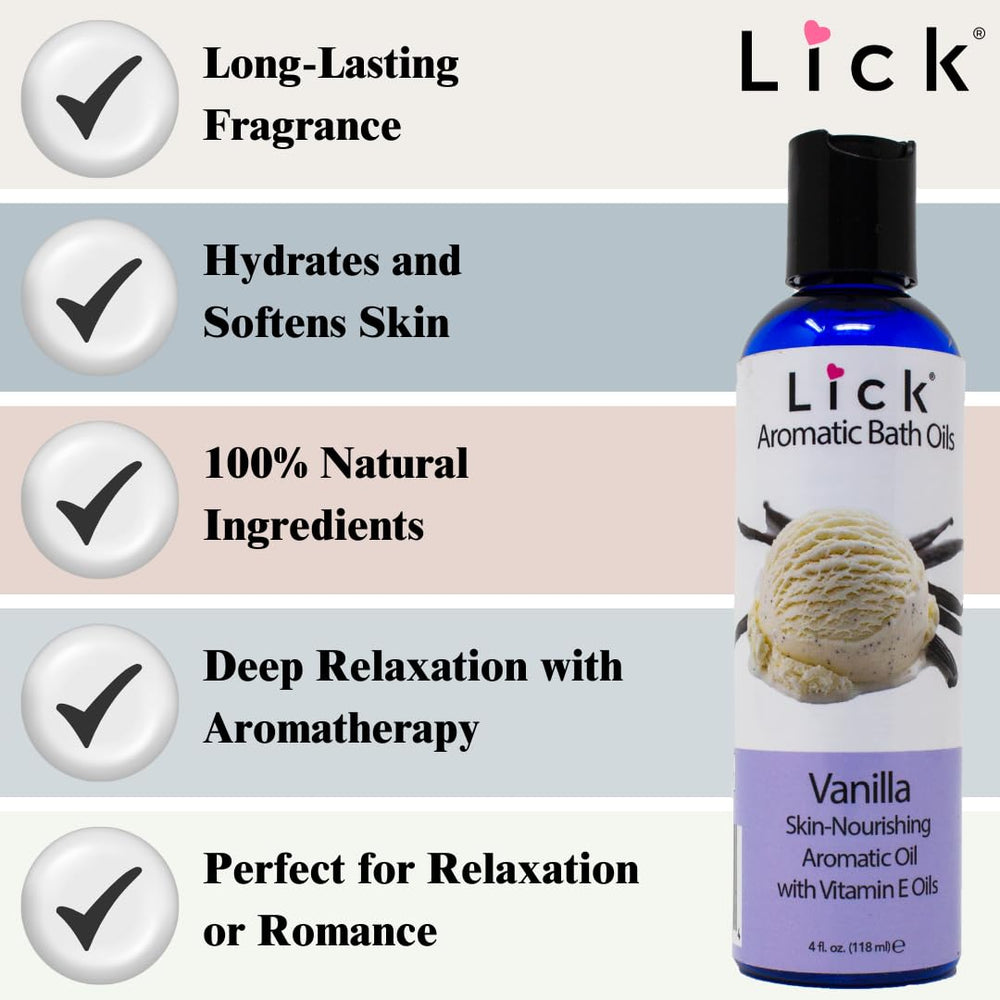 Almond oil in Lick Aromatic Bath Oil Vanilla nourishes skin during a luxurious bath