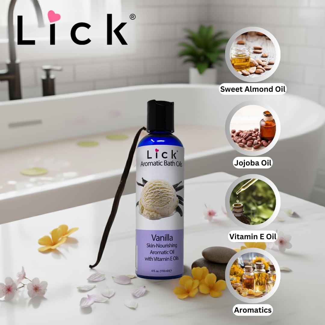 Vanilla packaging of Lick Aromatic Bath Oil for a convenient daily ritual