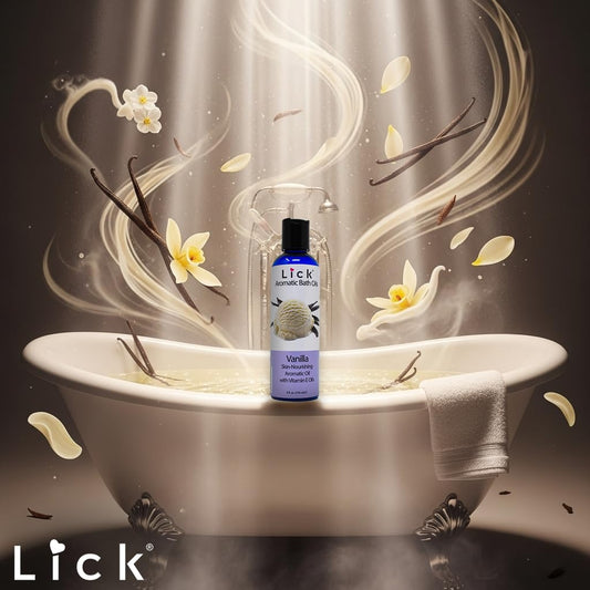 Pour of Lick Aromatic Bath Oil Vanilla demonstrates smooth dispersion for a relaxing bath