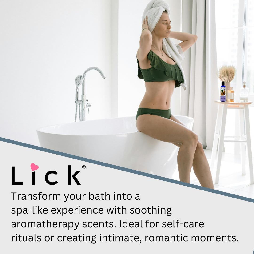 LICK Bath oil droplets on damp skin indicating quick absorption and moisturization.