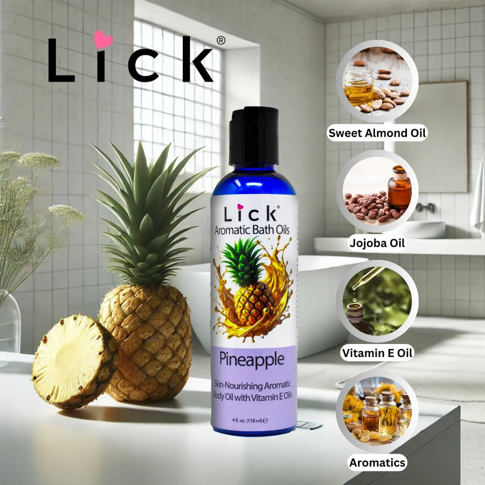 LICK Pineapple bath oil label—premium moisturizing formula for smooth skin