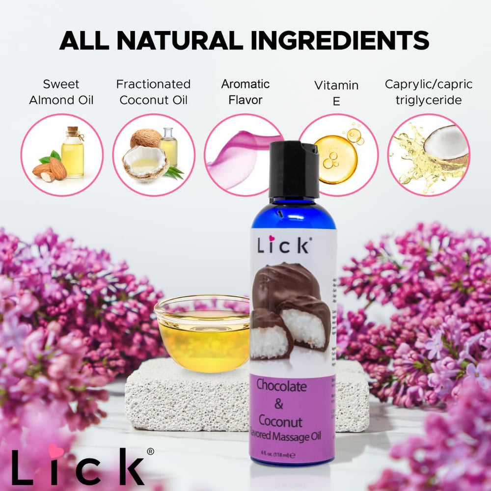 Gift-ready packaging of Lick Chocolate Coconut Bliss Massage Oil