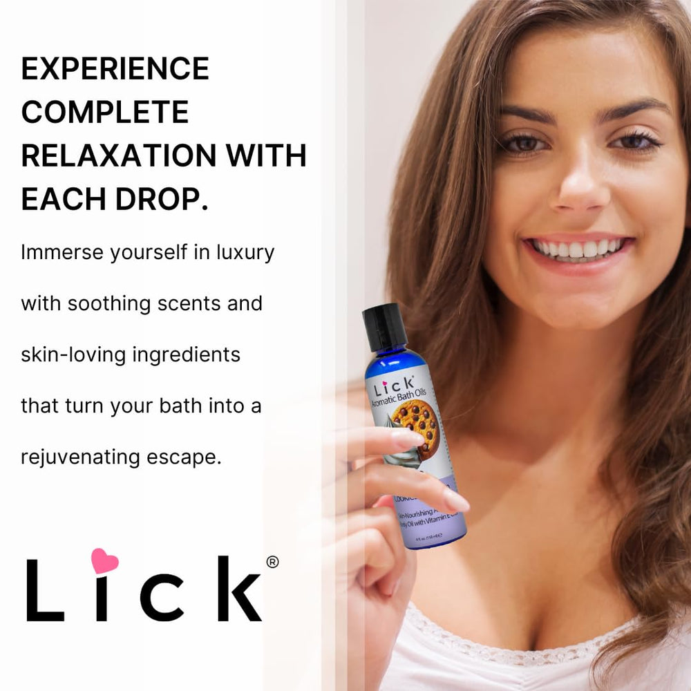 LICK Creamy Dessert Scent bath oil packaging beside a towel for cozy evenings.
