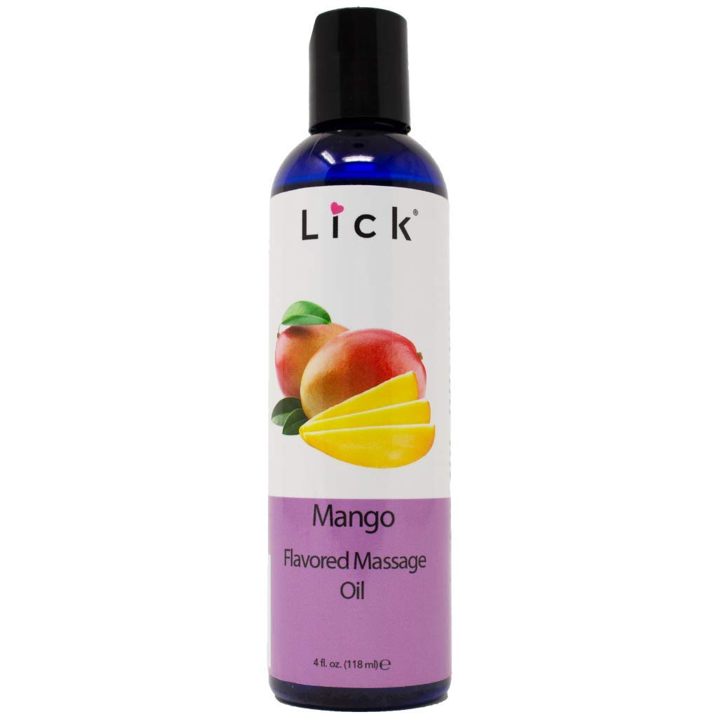 Bottle of Lick Mango Bliss Massage Oil with tropical mango accents