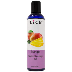 Bottle of Lick Mango Bliss Massage Oil with tropical mango accents
