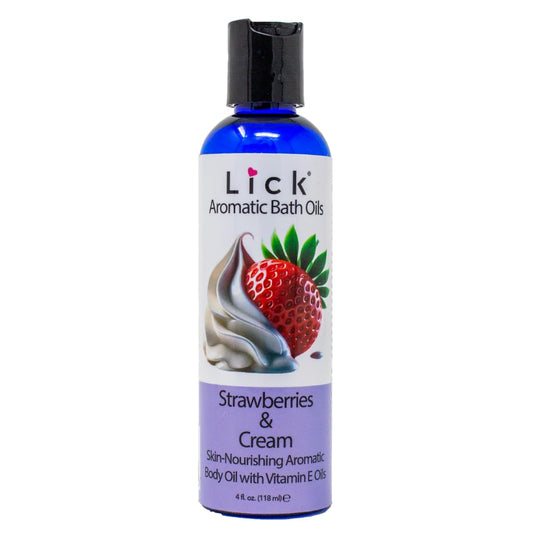 LICK Aromatic Bath Oil bottle with Strawberries and Cream scent for a spa-like soak.