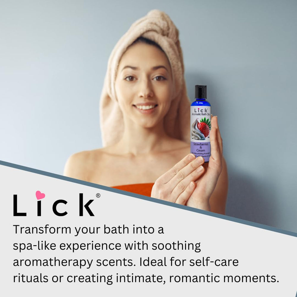LICK Aromatic Bath Oil close-up highlights almond-jojoba blend for skin nourishment.