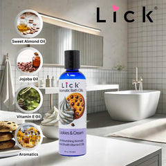 LICK USA-made Bath Oil bottle closeup highlighting premium packaging.