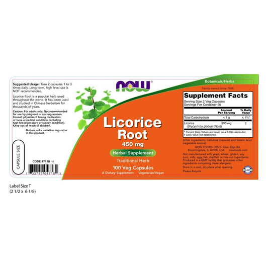 NOW Foods Licorice Root 450mg 100 VCaps packaging label