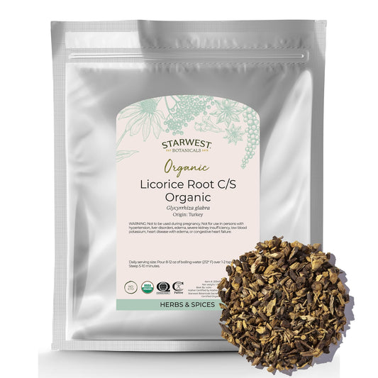 Organic licorice root cut and sifted in a bag