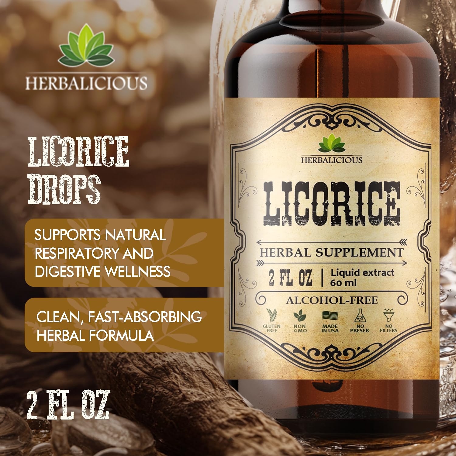 Ingredients and organic certification for HERBALICIOUS Licorice Root Extract