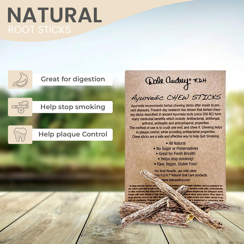 Close-up of licorice root and neem on the chew stick