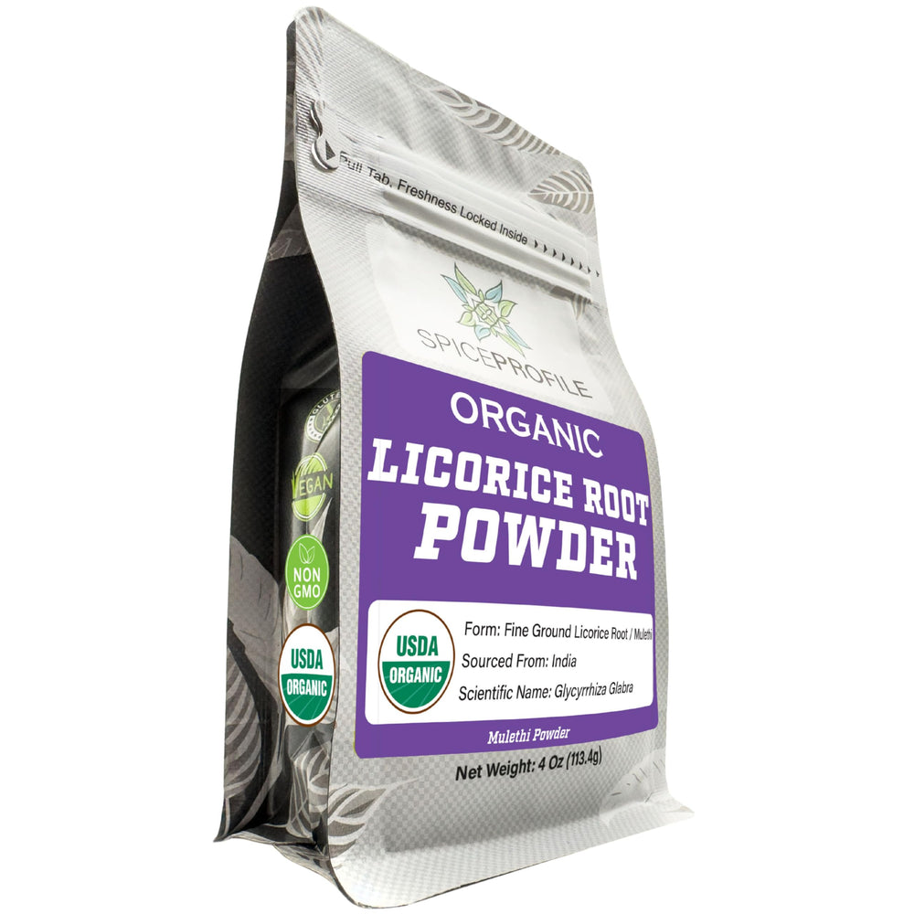 USDA Organic licorice root powder in a 4oz resealable pouch