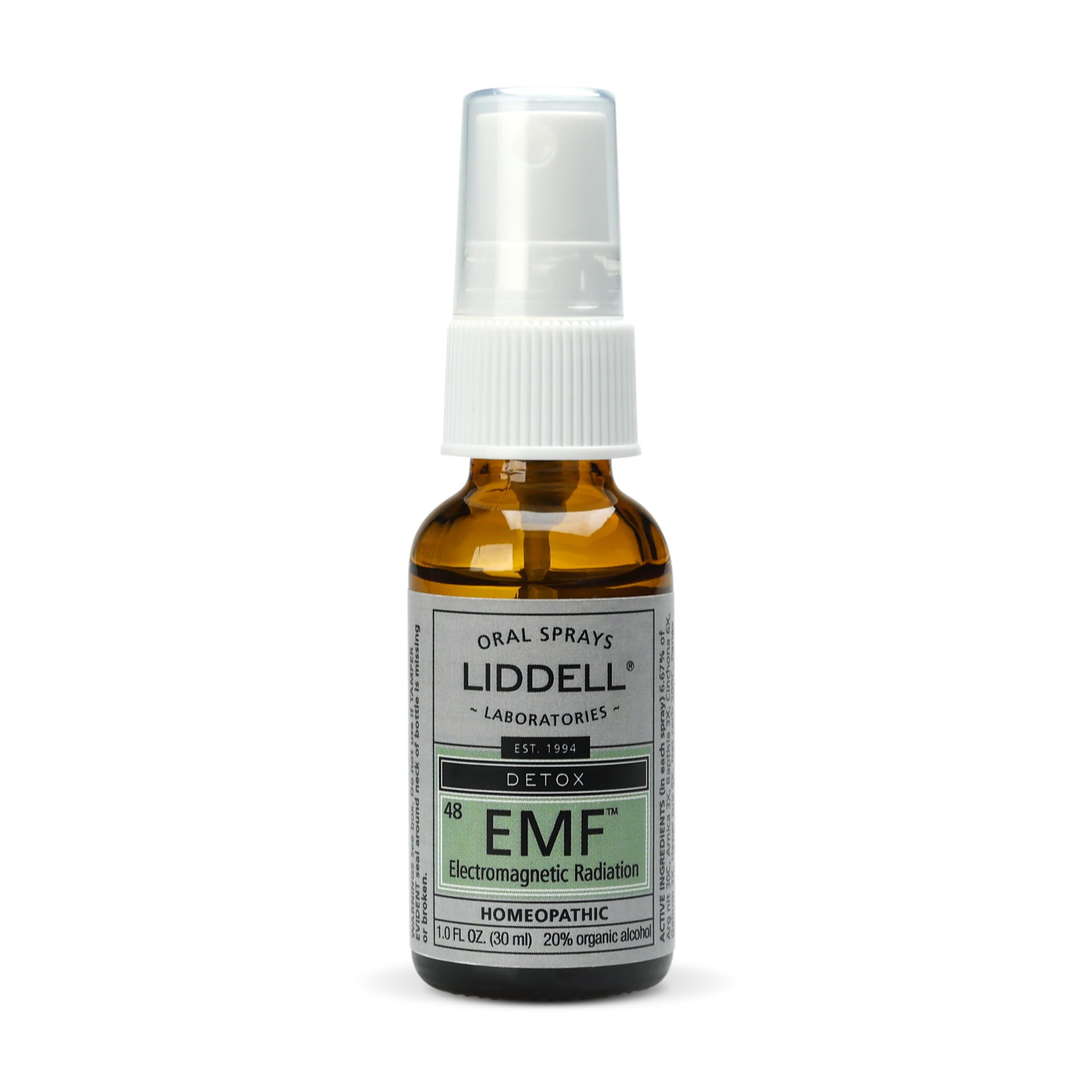 Rear label view of Liddell Anti-Tox EMF spray bottle