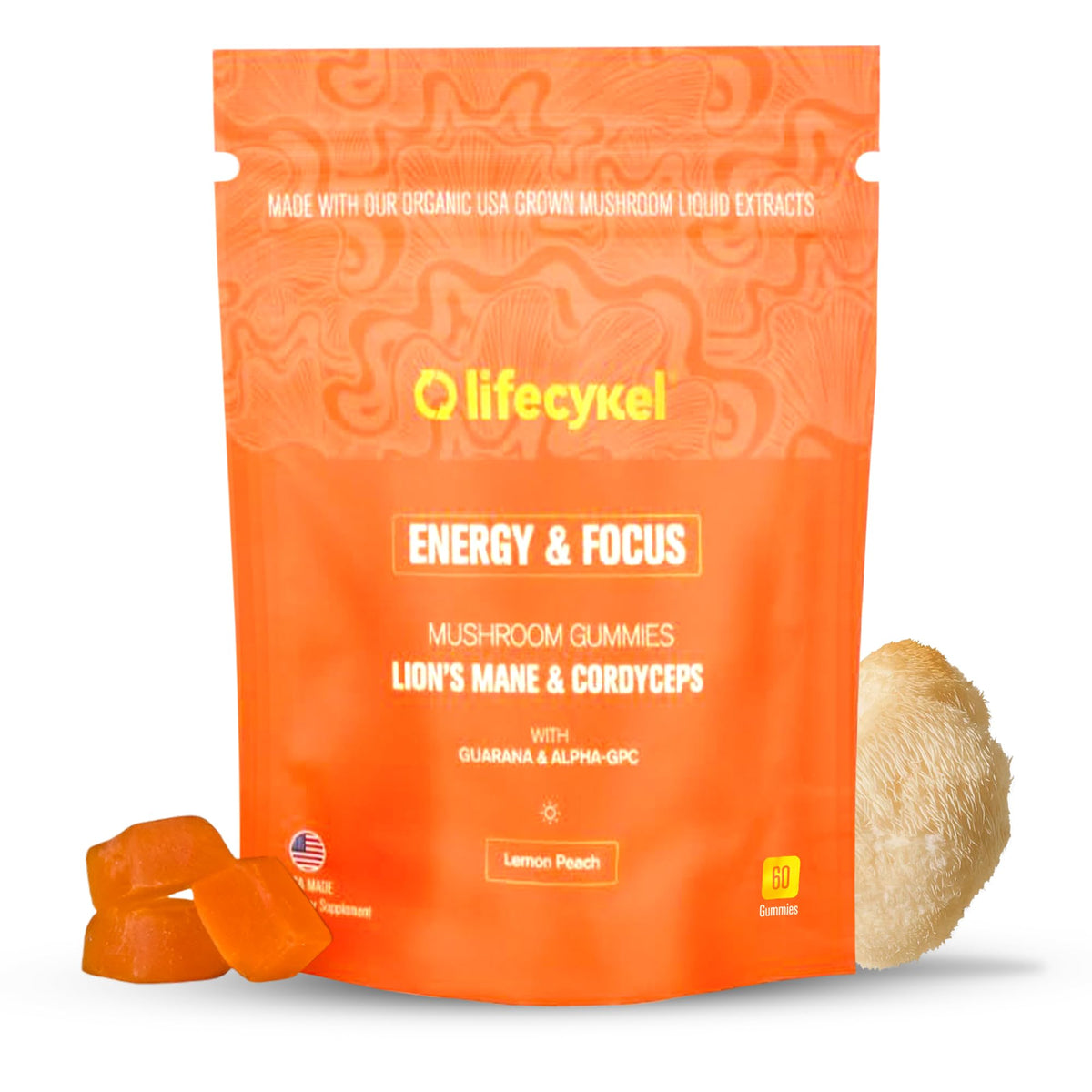 Life Cykel AM Energy & Focus Mushroom Gummies bottle featuring Lion's Mane, Cordyceps, and Guarana